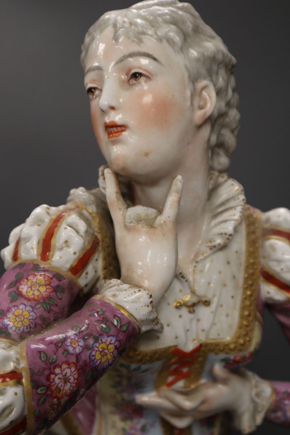 A pair of large 19th century Paris porcelain figures of a mandolin player and a woman dancer, printed anchor mark, 63.5cm